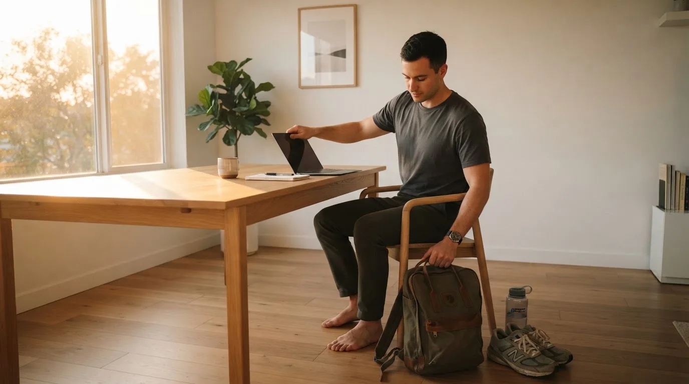 Tânăr care închide laptopul și ia un rucsac pentru o plimbare, într-o cameră luminoasă, la apus.