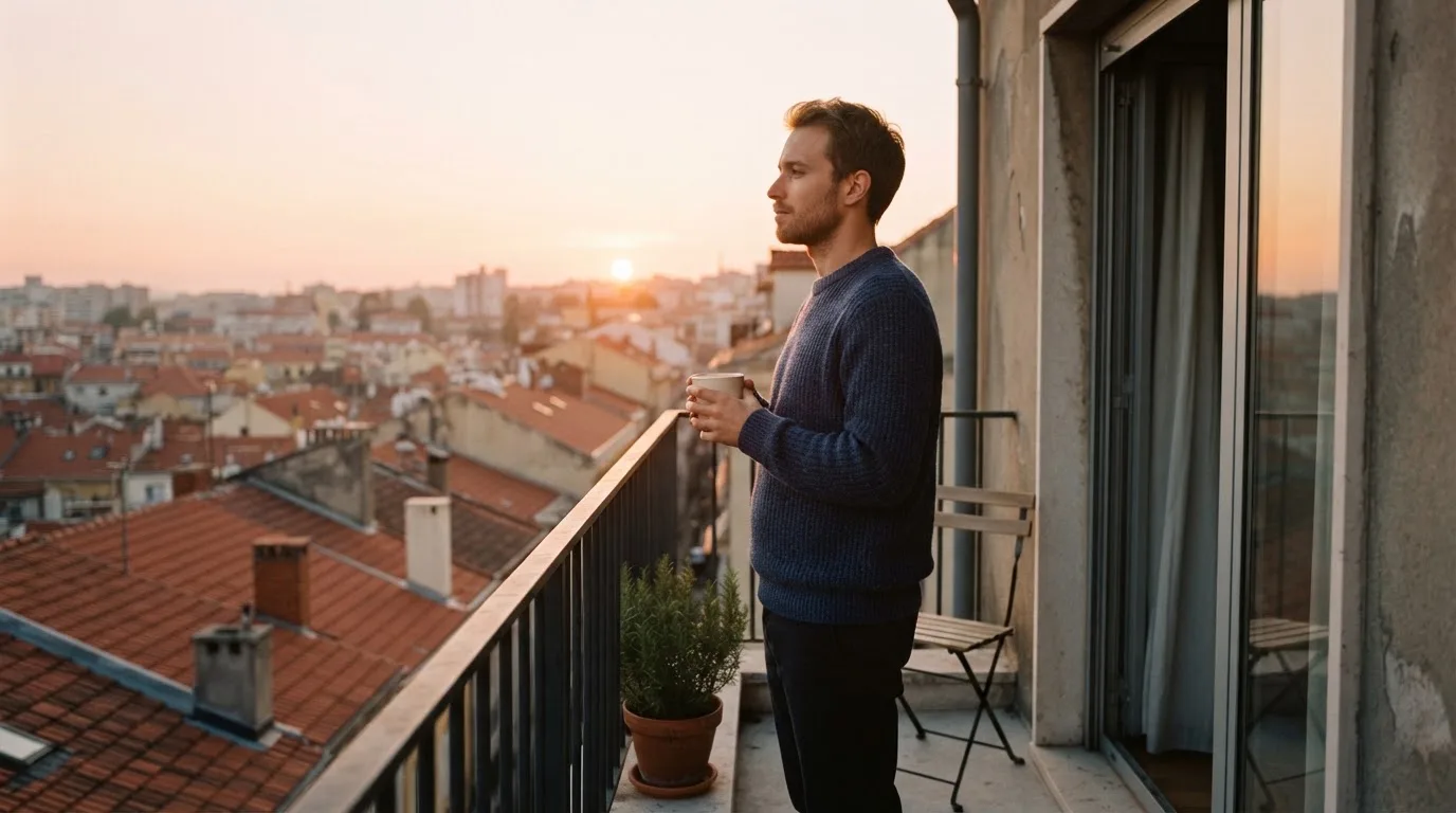 Bărbat care respiră adânc pe un balcon, cu o ceașcă în mână, privind acoperișurile orașului la răsărit.