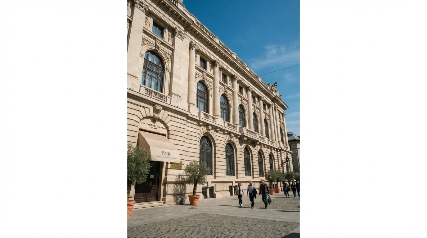 Sediu oficial cu ferestre înalte, văzut din unghi lateral, pe o stradă pietonală din București într-o zi senină.